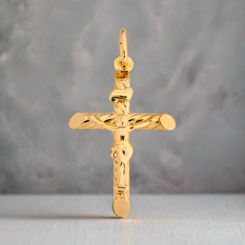 9ct Yellow Gold Crucifix Cross Pendant - Rope Design 33mm