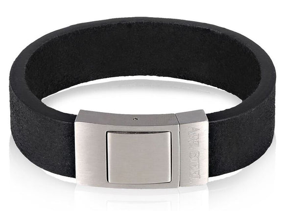 ARZ Steel Wide Black Leather Steel Bracelet