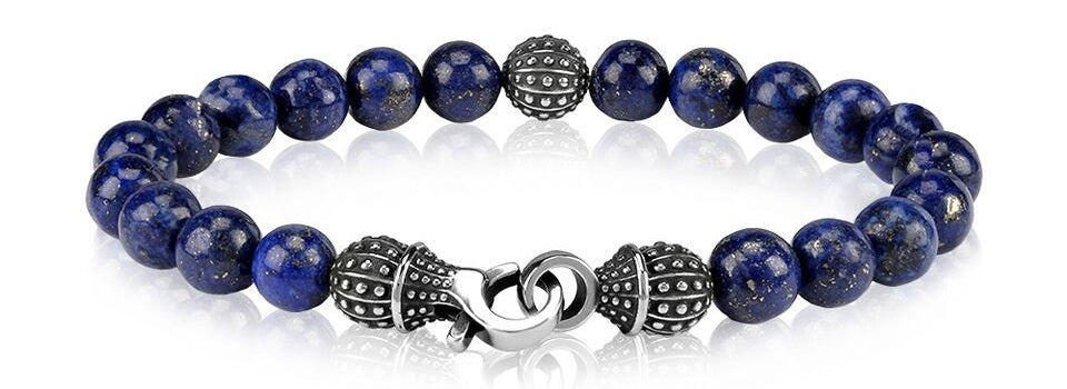 ARZ Steel 8mm Blue Lapis Jade Bead Steel Bracelet
