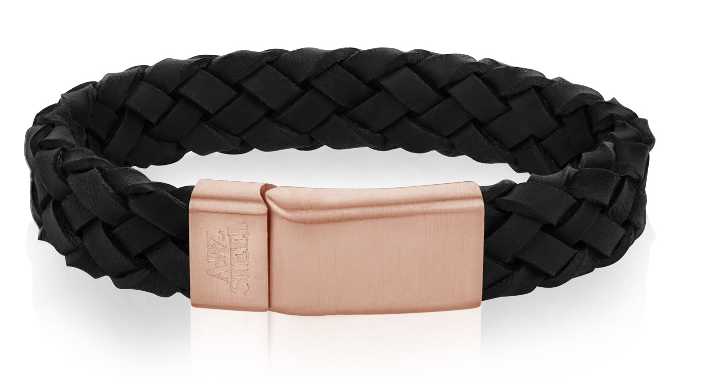 ARZ Steel Black Leather Rose Gold Clasp Bracelet