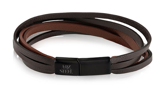 ARZ Steel Multi Strand Brown Leather Bracelet
