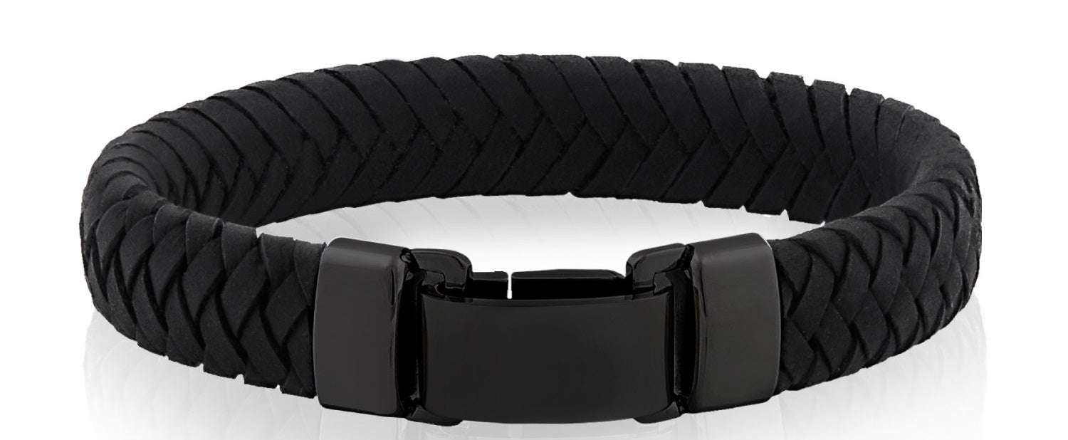 ARZ Steel AAA Italian Leather Black Steel ID Clasp Bracelet
