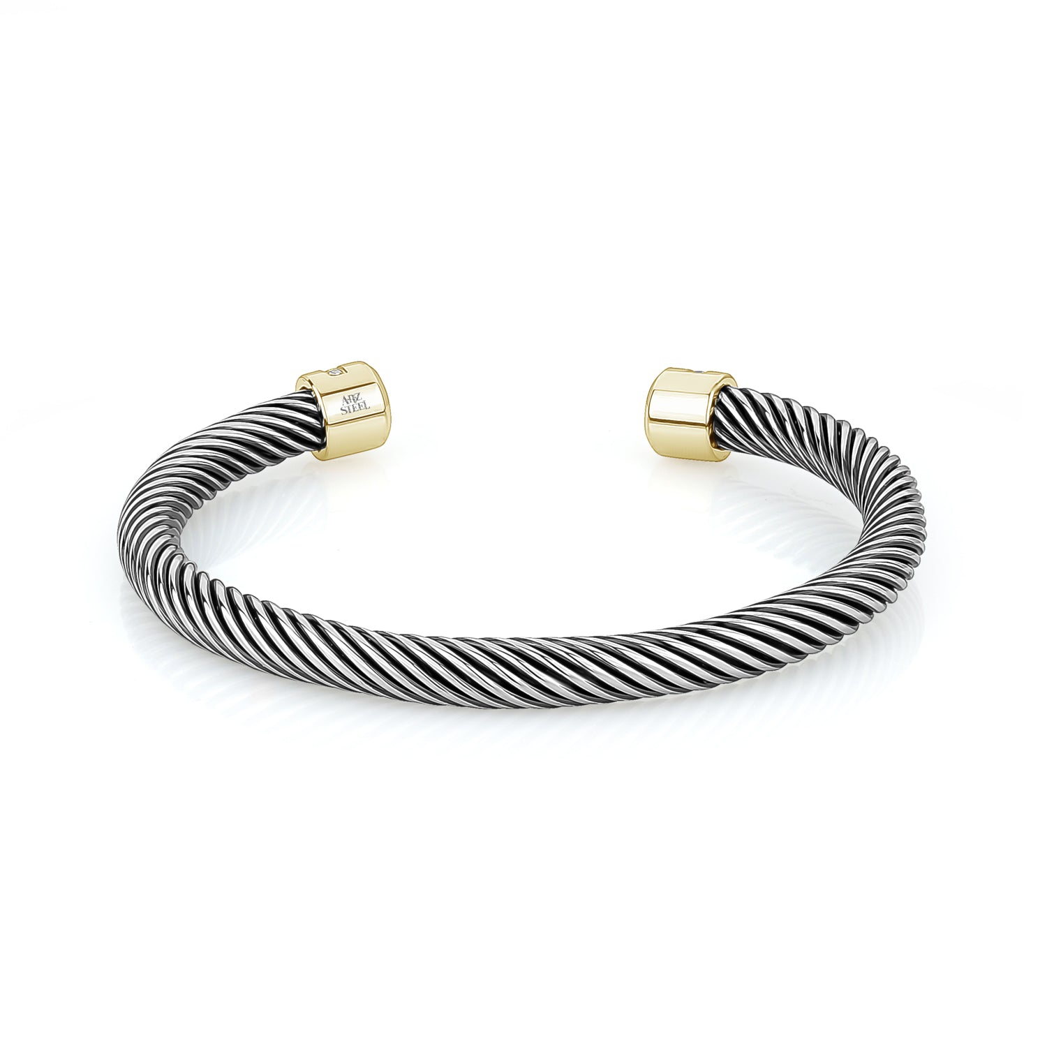 ARZ Steel Black, gold & steel twisted bangle w/cz