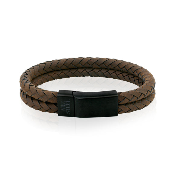 ARZ Steel Double row brown leather bracelet