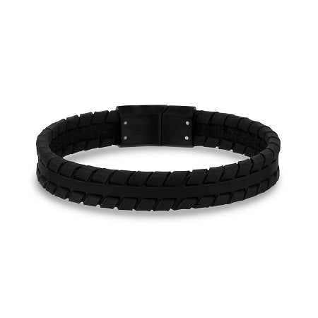 ARZ Steel 12mm Black Tire Track Leather Bracelet