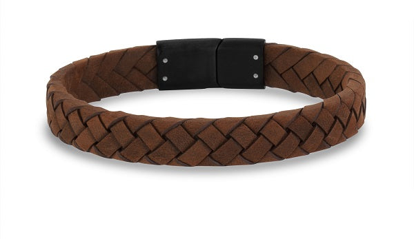 ARZ Steel 10mm Flat Brown Leather Bracelet