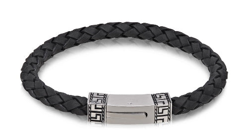 ARZ Steel Greek Design Black Leather Bracelet