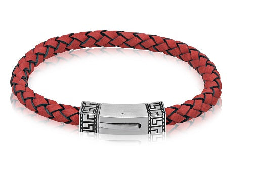 ARZ Steel Greek Design Red Leather Bracelet