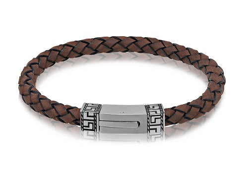 ARZ Steel Greek Design Brown Leather Bracelet