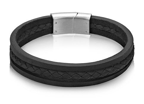 ARZ Steel  Triple Strand Black Leather Bracelet