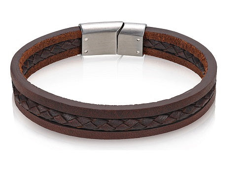 ARZ Steel Triple Strand Brown Leather Bracelet