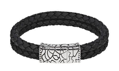 ARZ Steel Double Row Black Leather Bracelet