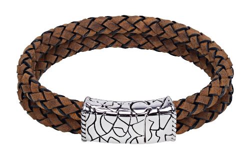 ARZ Steel Double Row Camel Leather Bracelet