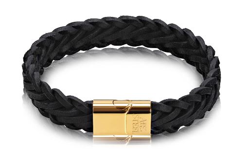 ARZ Steel Black Leather Gold Clasp Bracelet