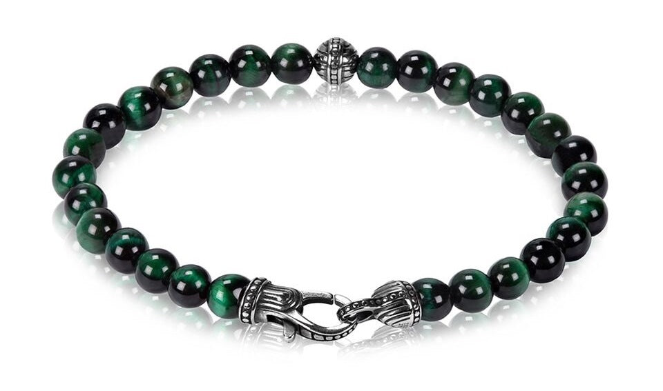 ARZ Steel 6mm Green Tiger Eye Bead Bracelet