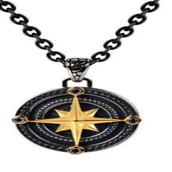 ARZ Steel Black & gold compass pendant w/chain 28
