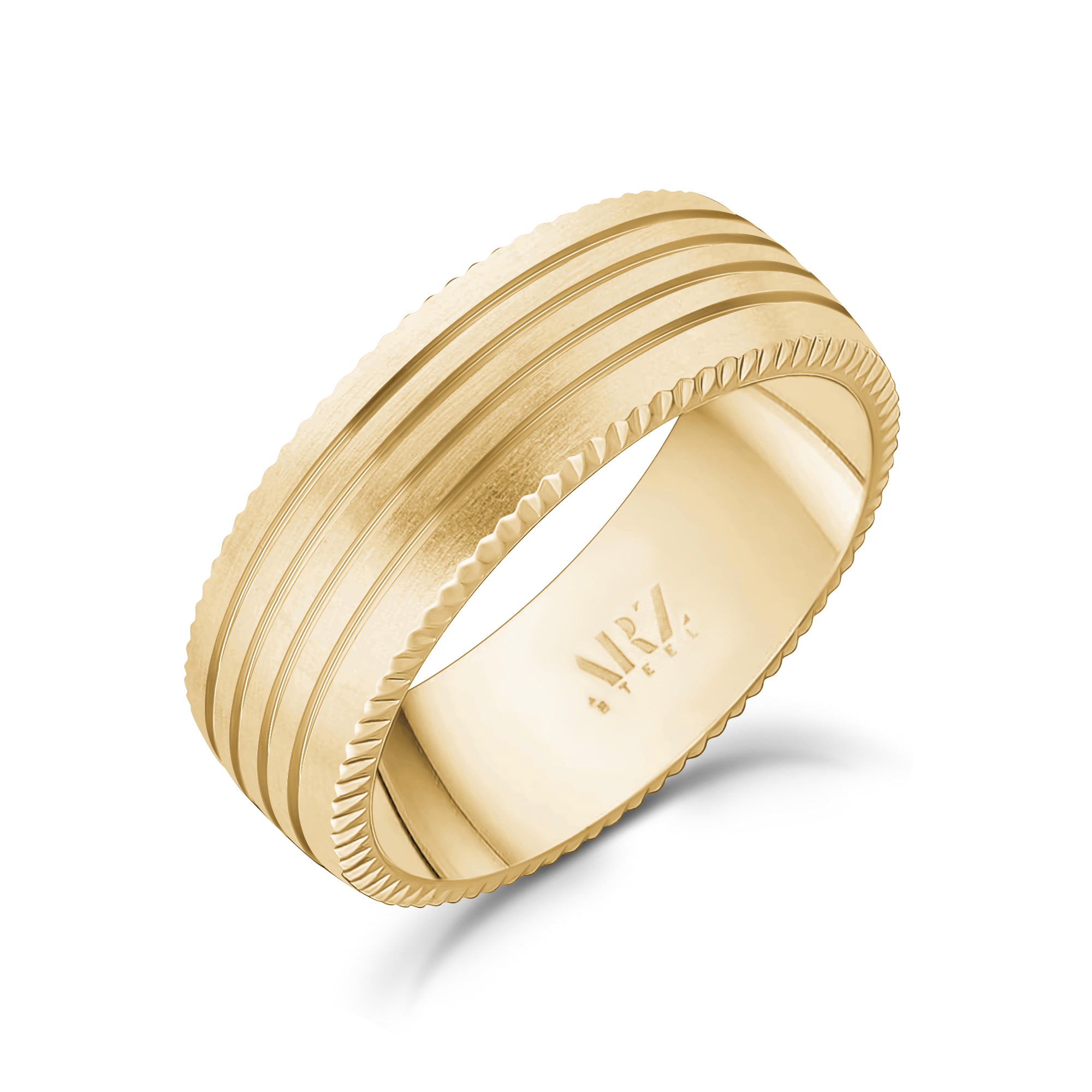 ARZ Steel 8mm Matte Gold Steel 4 Lined Diamond Cut Edges Ring