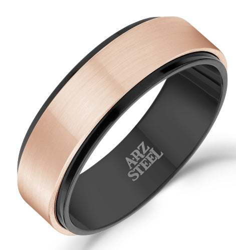 ARZ Steel 7mm Matte & Rose Gold Steel Ring