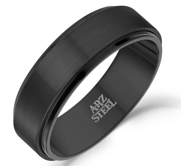 ARZ Steel 7mm Matte & Shiny Black Steel Ring