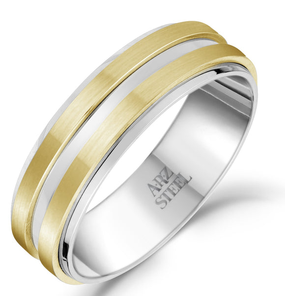 ARZ Steel 7mm Matte & Shiny Gold Steel Ring