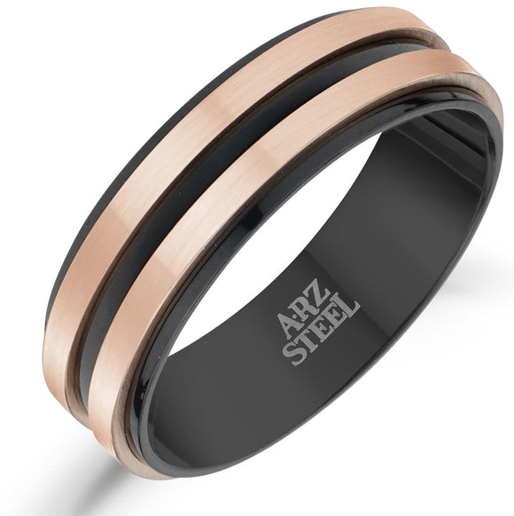ARZ Steel 7mm Black & Rose Gold Steel Ring