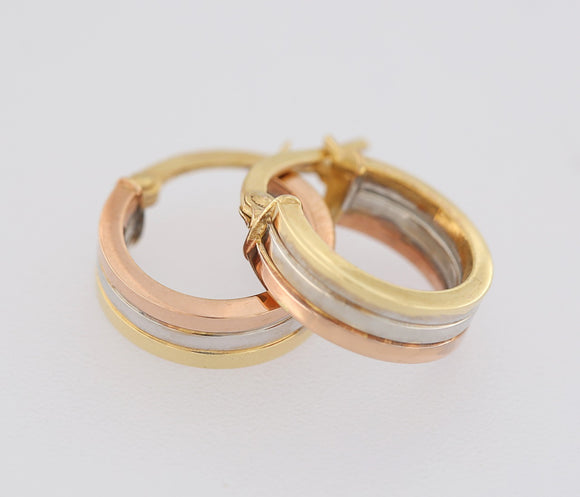 9ct Tri-Colour Gold Hinged Hoop Earrings