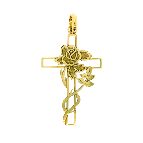 9ct Yellow Gold Cross with Rose Design Pendant (17.7x29.1mm)