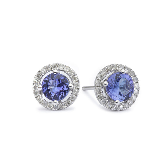9ct White Gold Round Tanzanite & Diamond Studs