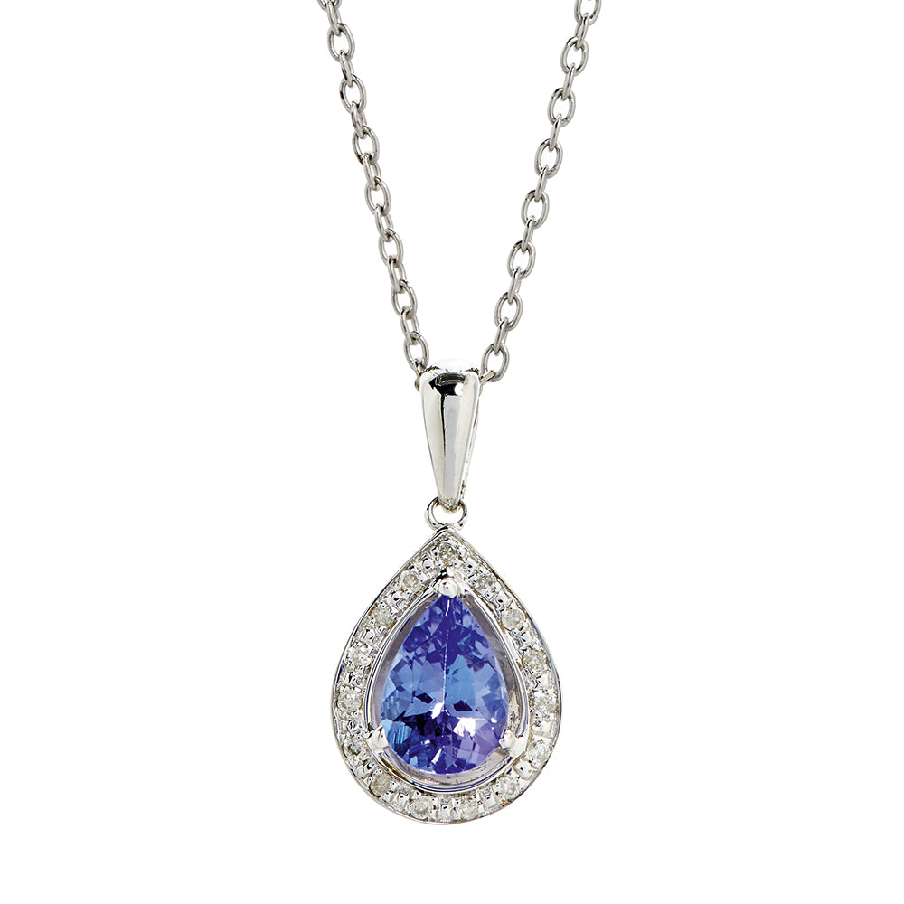 Pear Cut Tanzanite & Diamond Pendant - 9ct White Gold