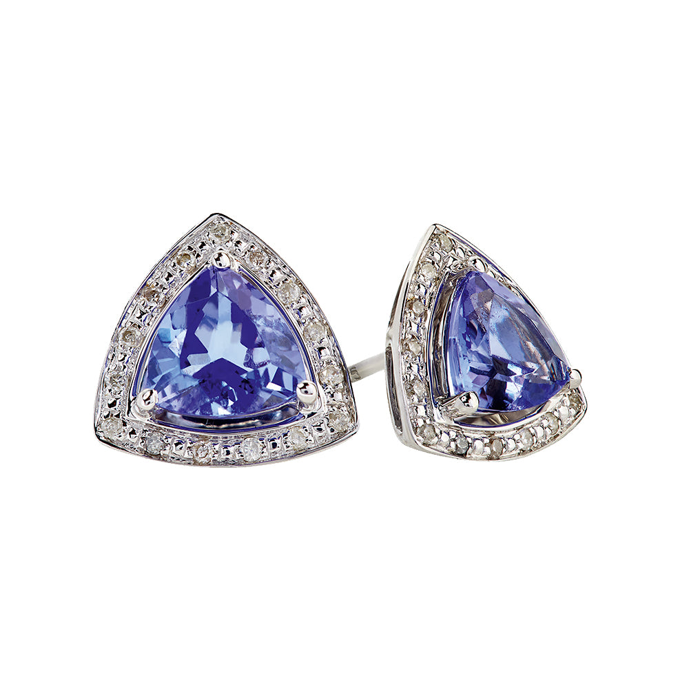 Trillion Cut Tanzanite & Diamond Stud Earrings - 9ct White Gold