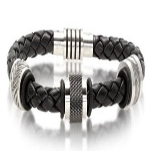 ARZ Steel Fancy Black Leather Bracelet